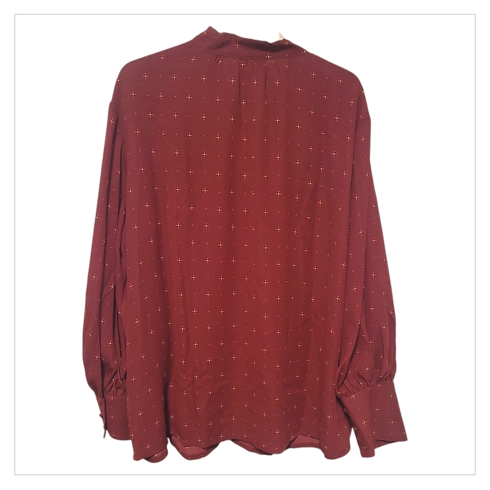 Ava & Viv Burgundy Tie-Neck Blouse with Tiny Cross Dot Print - Picture 3 of 7